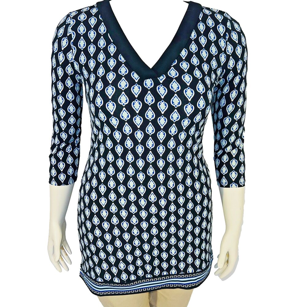 WHBM Dress or Tunic Top Womens S Black Blue V-Neck Moroccan Print 3/4 Sleeve